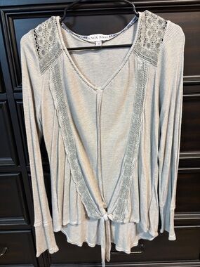 Knox Rose Olive Lace-Trim Tie-Front Long Sleeve Top